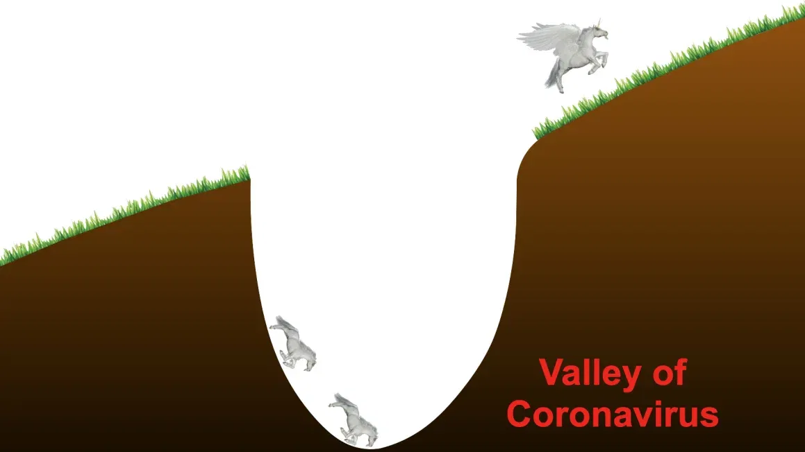 SoftBank FY2019 results slide, May 18 2020: cartoon unicorns tumbling into a white pit labeled Valley of Coronavirus while one winged horse escapes up the slope.